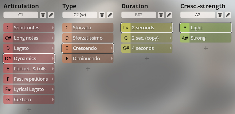 Screenshot of software interface displaying articulaton, type, duration, and crescendo strength parameters for woodwinds.