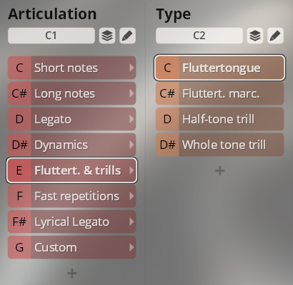 User interface showing articulation and type selection menus for Synchron Special Woodwinds, with options like Fluttertongue, Short notes, Legato, Dynamics, and Trills.