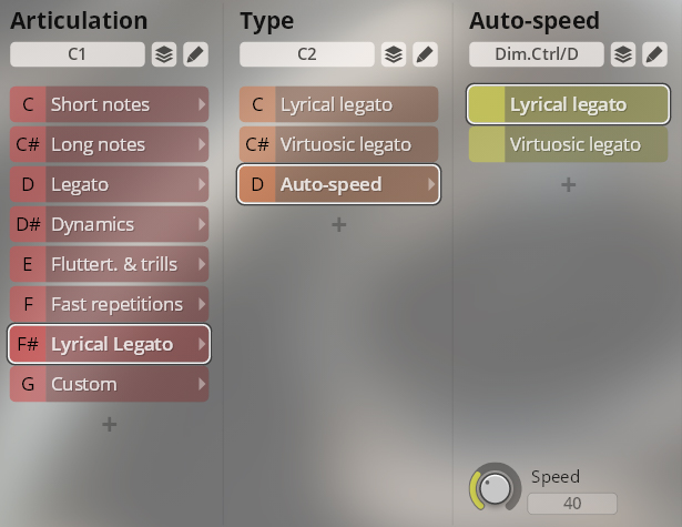 Software interface showing articulation, type, and auto-speed settings for musical instruments, with Lyrical Legato selected.