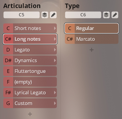 Musical articulation and type settings for Synchron Special Woodwinds virtual instrument, showing options like long notes, legato, marcato, and dynamics.