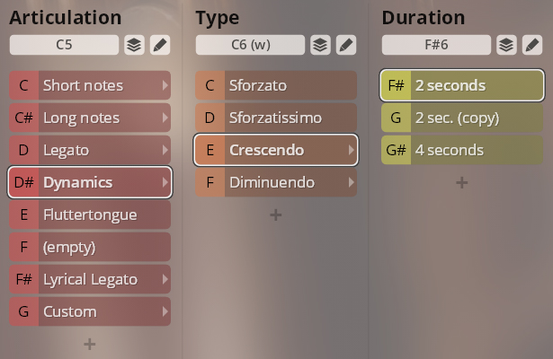 User interface showing woodwind articulation, type, and duration options for the Synchron Special Woodwinds library.