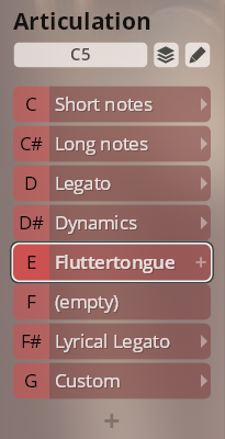 User interface showing articulation options for Synchron Special Woodwinds, with Short Notes, Long Notes, Legato, Dynamics, Fluttertongue, Lyrical Legato, and Custom settings visible.