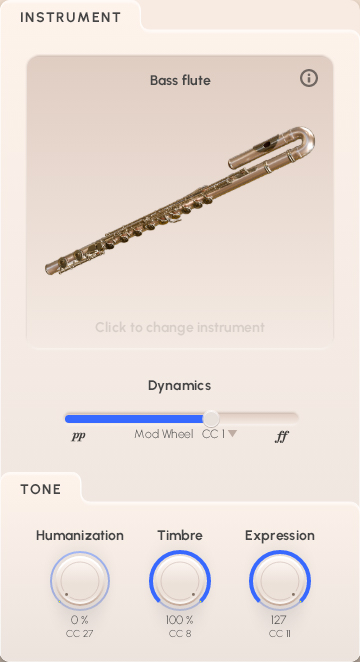 Virtual instrument interface displaying a bass flute, with controls for dynamics, humanization, timbre, and expression.