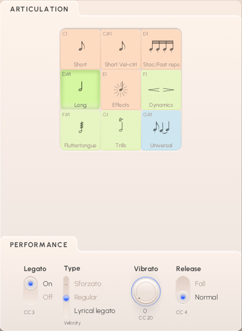 Digital interface showing articulation and performance settings for Synchron Special Woodwinds virtual instruments, including controls for legato, vibrato, and release.