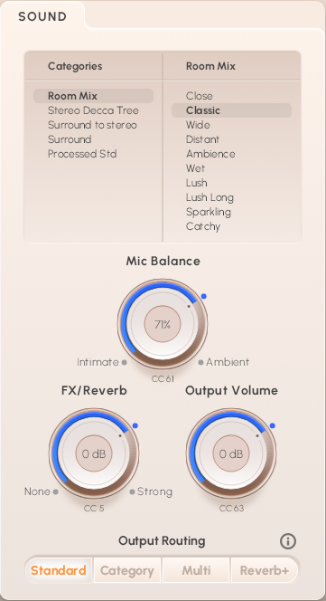 Synchron Special Woodwinds sound module interface showing Room Mix and Classic settings, mic balance at 71%, and FX/Reverb and Output Volume at 0 dB, with Standard output routing selected.