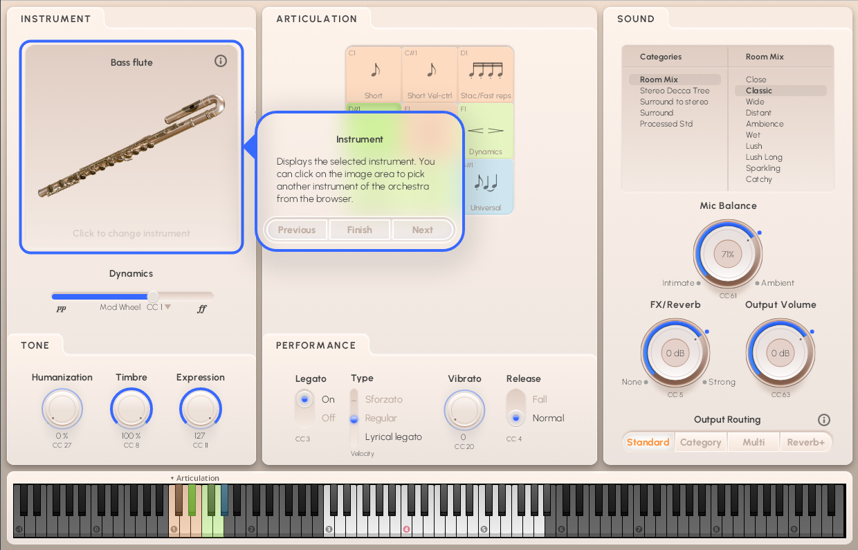 A digital audio workstation (DAW) interface by Synchron Special Woodwinds, showing settings for a bass flute instrument, including articulation, tone, performance, sound mixing, and a piano roll.
