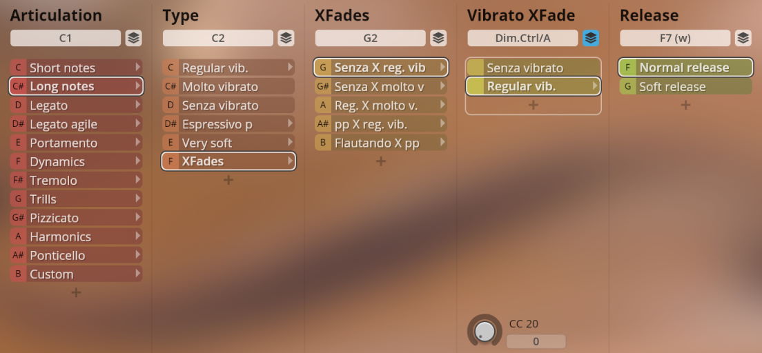 Screenshot of the Vienna Symphonic Library Synchron Strings Pro software interface, displaying articulation, type, XFades, vibrato XFade, and release options. Long notes and XFades are selected for articulation and type respectively, with vibrato XFade set to Regular vib. and release set to Normal release.