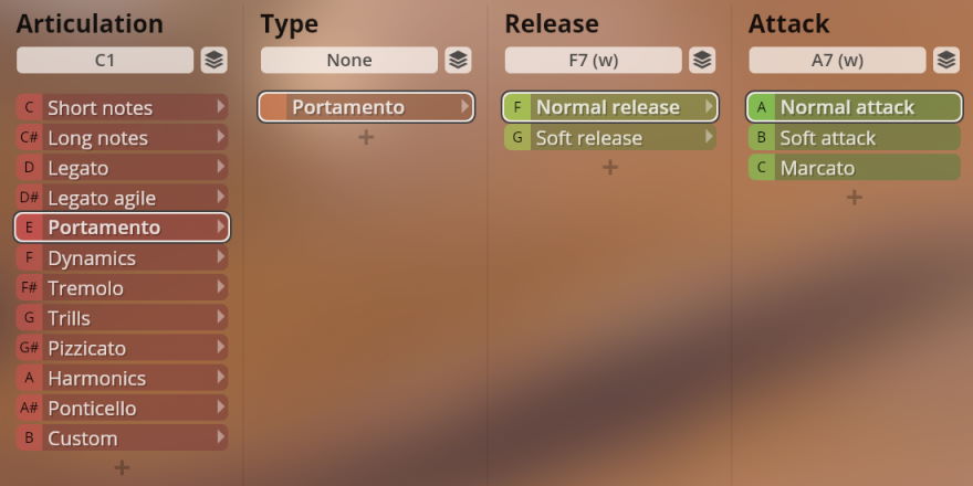 Vienna Symphonic Library Synchron Strings Pro interface displaying Portamento articulation, release, and attack settings for a virtual instrument.