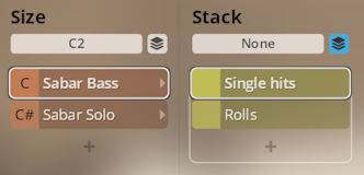 User interface displaying Size and Stack options for Synchron World Percussion, showing Sabar Bass, Sabar Solo, Single hits, and Rolls selections.