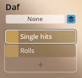 User interface for Synchron World Percussion's Daf instrument, showing options for None, Single hits, and Rolls.