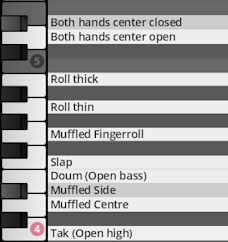 Image of musical effects listed next to piano keys, showcasing percussive articulations like Roll thick, Slap, and Muffled Centre for the Synchron World Percussion library.