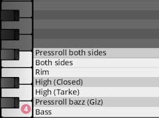 Musical keyboard showing percussion articulations like Pressroll, Rim, High (Closed), and Bass for Synchron World Percussion software.