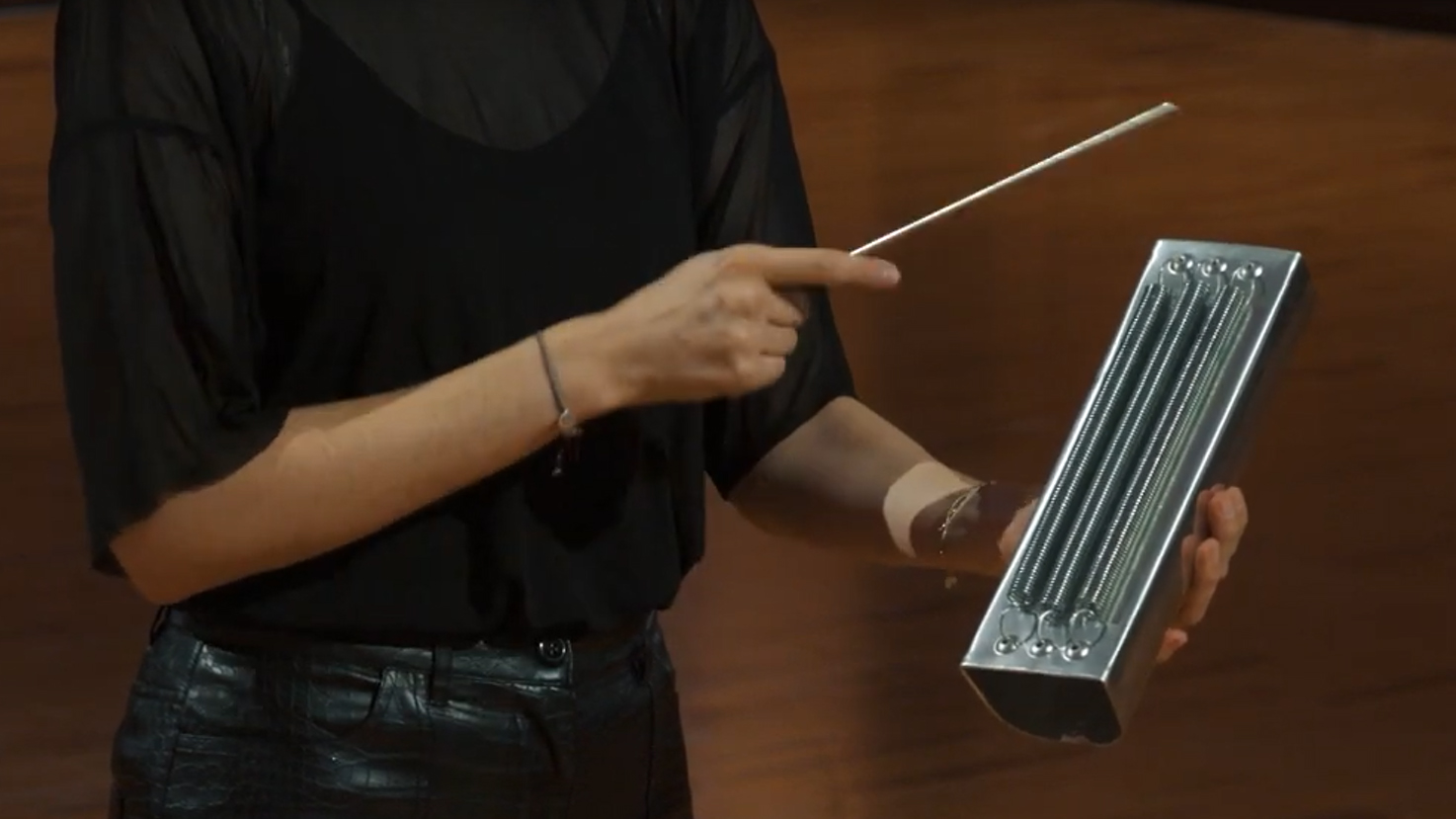 Person playing a spring drum musical instrument with a stick.
