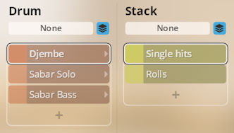 Screenshot of Synchron World Percussion software interface showing Drum and Stack instrument selection options including Djembe and Sabar.