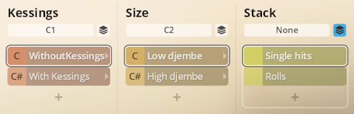 Synchron World Percussion software interface showing options for Kessings: Without/With, Size: Low/High djembe, and Stack: Single hits/Rolls.