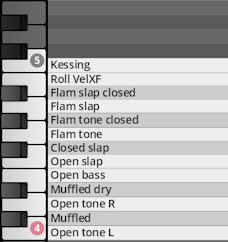 Screenshot of a digital audio workstation showing a piano roll with various percussion articulation names, including Kessing, Flam, and Muffled, representing different drum sounds for the Synchron World Percussion sample library.