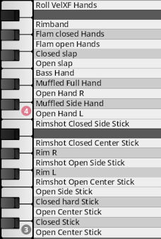 A digital keyboard with a list of percussion performance articulations including various hand and stick techniques, displayed as options in musical software, relevant to Synchron World Percussion.