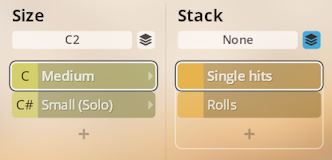 Synchron World Percussion virtual instrument interface showing Size and Stack controls for percussive sounds, including Medium, Small Solo, Single hits, and Rolls options.