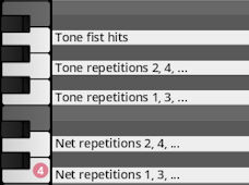 Musical piano roll interface displaying percussive articulation options like Tone fist hits and Tone repetitions.