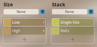 User interface controls for percussion sound size and stack options, showing selections for Low and Single hits in Synchron World Percussion.