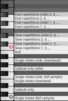 Digital piano roll interface displaying percussive articulation options like fast repetitions, slow repetitions, roll, and single shake for music production software.