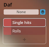 Daf percussion instrument selection interface showing options for None, Single hits, and Rolls in Synchron World Percussion.