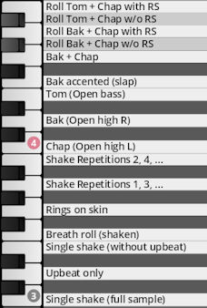 Screenshot of a digital audio workstation (DAW) keymap displaying various percussion articulations like Roll Tom, Bak, Chap, Shake Repetitions, and Rings on skin for a virtual instrument.