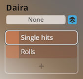 Daira percussion instrument sound selection interface with options for None, Single hits, and Rolls.