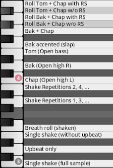 Music production software interface showing keyboard keys mapped to percussion instrument sounds and techniques like Tom, Bak, Chap, and Shake, relevant to Synchron World Percussion.