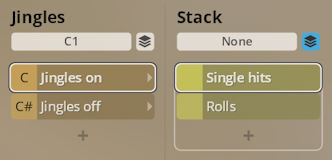 Screenshot of audio software interface showing Jingle and Stack controls for Synchron World Percussion samples, with options for Jingle on/off and Single hits/Rolls.
