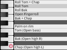 Musical keyboard keys with mapping labels for percussion sounds including Roll Tom, Bak, Open Fingerroll, Palm on Rim, Tom (Open bass), Bak (Open high R), and Chap (Open high L).