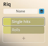 Screenshot of a digital audio workstation (DAW) interface showing a riq percussion instrument selected, with options for 'None', 'Single hits', and 'Rolls' for sound playback.