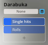 Darabuka percussion instrument settings with options for Single hits and Rolls, demonstrating sound variations in Synchron World Percussion.