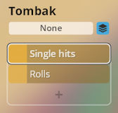 Tombak percussion instrument options, showing selections for single hits or rolls, within a music software interface.