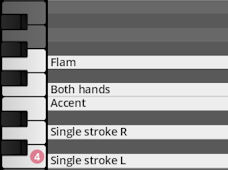 A digital piano roll interface displaying labeled percussive techniques like Flam, Both hands, Accent, Single stroke R, and Single stroke L, for the Synchron World Percussion software.