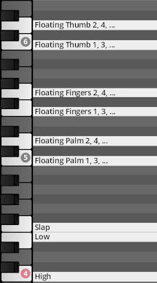 Piano roll interface displaying percussion ensemble articulation options like Floating Thumb, Fingers, Palm, Slap, Low, and High for Synchron World Percussion.