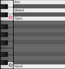 Digital keyboard interface displaying musical articulations like Rim, Muted, Open, and Hand for percussion sounds, relevant to Synchron World Percussion software.