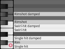 Digital keyboard interface displaying percussion articulations for world instruments, including Rimshot damped, Rimshot, Swirl-hit damped, Swirl-hit, Single hit damped, Rim, and Single hit.