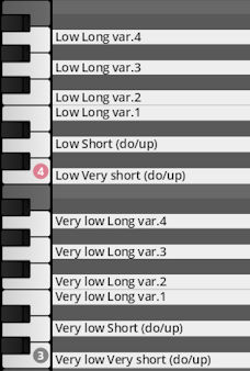 Virtual keyboard interface displaying percussive articulations like Low Long, Low Short, Low Very Short, Very low Long, Very low Short, and Very low Very short as assignable notes from a Synchron World Percussion library.