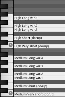 Digital piano roll displaying notes and corresponding percussion variations like High Long var.3, Medium Short, and Very Short for music production.