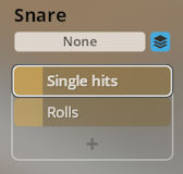 Snare drum sound options with Single Hits and Rolls selected, for Synchron World Percussion software.