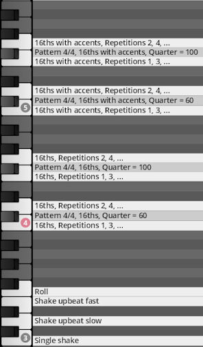 Visual interface displaying musical patterns and articulations, including 16th note rhythms with accents, repetitions, tempo settings (Quarter = 100, 60), and performance techniques like Roll, Shake upbeat fast, Shake upbeat slow, and Single shake, likely for Synchron World Percussion software.