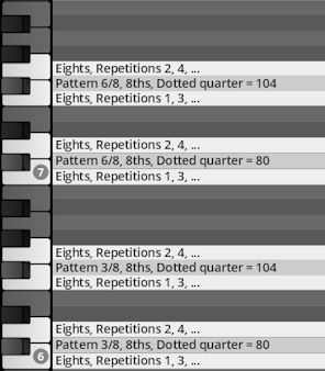 Screenshot of a digital audio workstation (DAW) interface displaying MIDI piano roll settings for percussion patterns, including tempo, repetitions, and time signatures like 6/8 and 3/8.