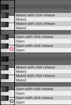 Piano key interface showing musical articulation options like Muted, Muted with click release, Open, and Open with click release, similar to options found in Synchron World Percussion software.