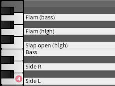 Digital keyboard display showing percussion articulations like Flam, Slap open, Bass, Side R, and Side L, relevant to Synchron World Percussion software.