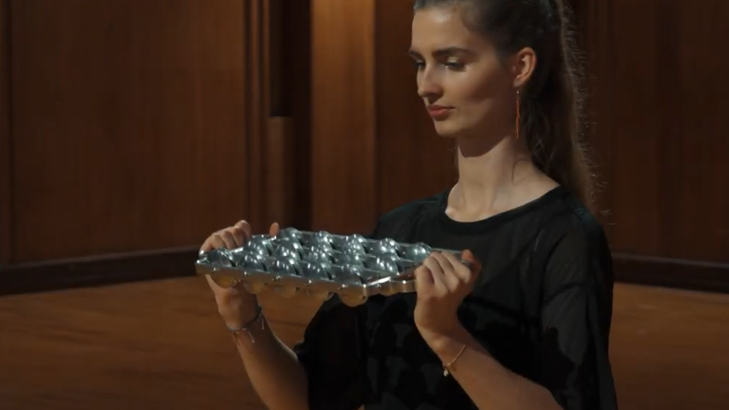 A young light-skinned woman with dark hair in a ponytail demonstrates holding a silver metal egg carton with numerous egg-shaped compartments, against a wooden background.