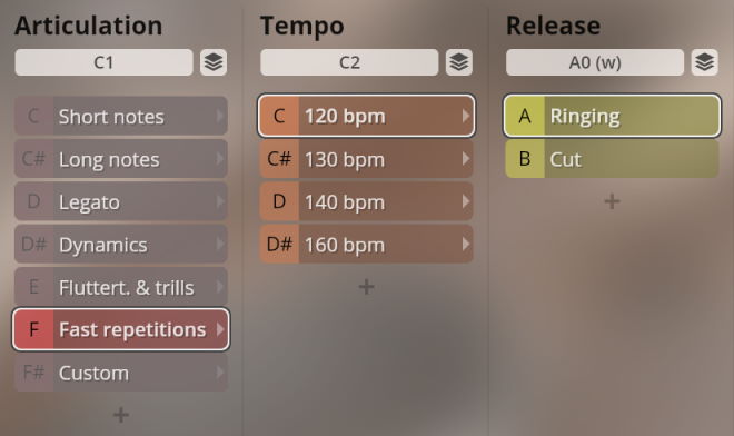 User interface with sound options for articulation, tempo, and release, showing selections for fast repetitions, 120 bpm, and ringing.