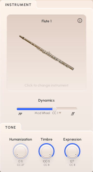 User interface showing a Flute 1 instrument selected with adjustable dynamics, humanization, timbre, and expression settings for Vienna Synchron Woodwinds.