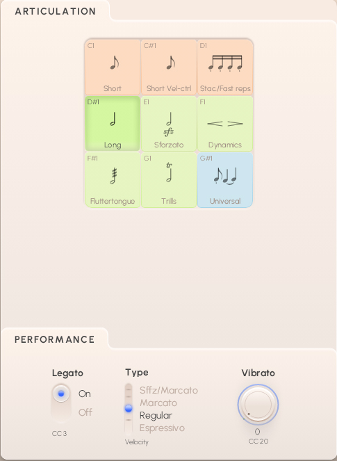 User interface showing Musical Articulation and Performance controls for Synchron Woodwinds software, including Legato, Type, and Vibrato settings.