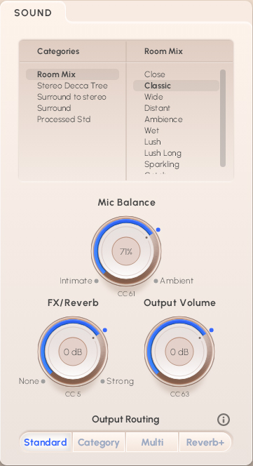Synchron Woodwinds sound settings interface showing Room Mix categories, mic balance at 71% towards ambient, 0 dB FX/reverb, 0 dB output volume, and standard output routing